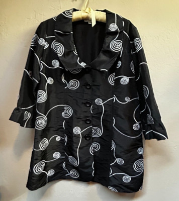 Puli Women's Black White Button Embroidered Front 3/4 Sleeve Blazer Size 12/42