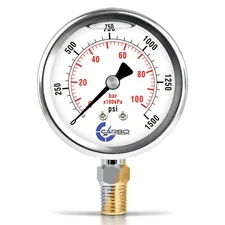 2-1/2" Pressure Gauge, Stainless Steel Case, Liquid Filled, Lower Mnt 1500 PSI