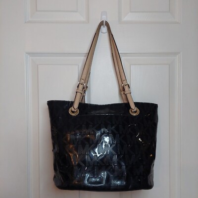 Michael Kors Signature Black Patent Leather Monogram Jet Set Shoulder Bag  Tote