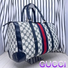 GUCCI GG Supreme Sherry Line Boston Bag PVC Leather Navy Vintage Logo From Japan