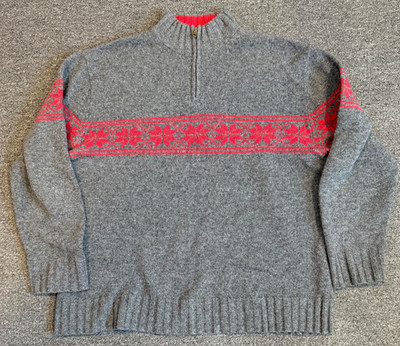 GAP Sweater Men s XL Gray 100% Lambswool Fair Isle Quarter Zip