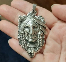 Large silver chief indian native tribal charm pendant