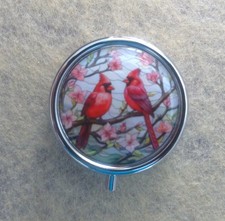 New Pair of Cardinals in a Flowering Tree Round 3-Compartment Pill Box Precious!
