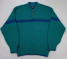 Vintage Boathouse Row Wool Blend Henley Knit Sweater Made In USA Teal 80s 90s M