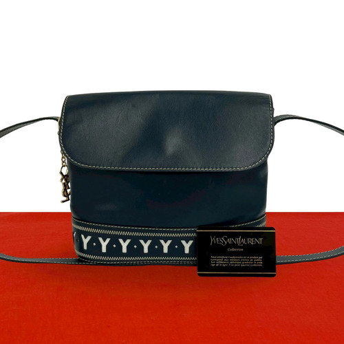 Yves Saint Laurent Cutout Charm Shoulder Bag Leather Navy Unisex #TVB2107