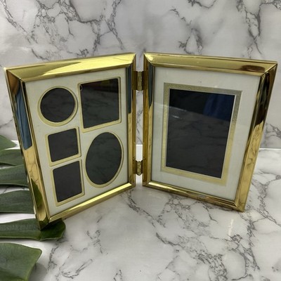 Vintage 90s Brass Metal Double Hinged Picture Frame Shiny Decor Book Folding 5x7