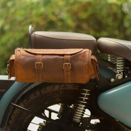 Brown Genuine Goat Leather Motorcycle Bag Vintage Strap Tool Buckle Closure - Image 3 of 3