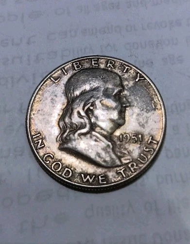 1951 P Silver Ben Franklin Half Dollar Good lite Bronze tone/LiL green corrosion