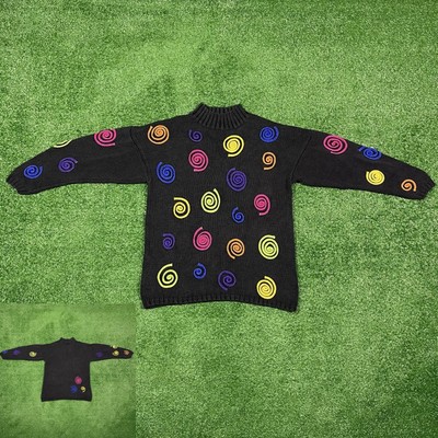 Vintage 90's Stefano Funky Colorful Swirl Faded Black Knit Sweater Women's Large