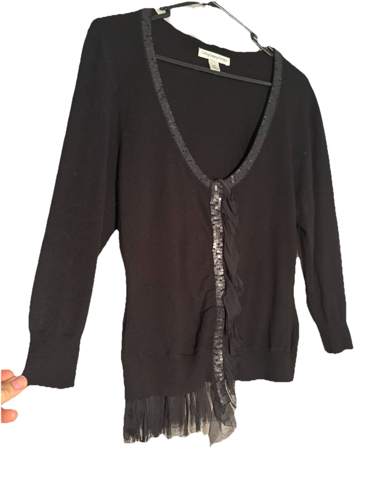 Ladies top /cardigan G2 By GEORGE GROSS vintage Black Silk &Sequin EMBOSSED #204