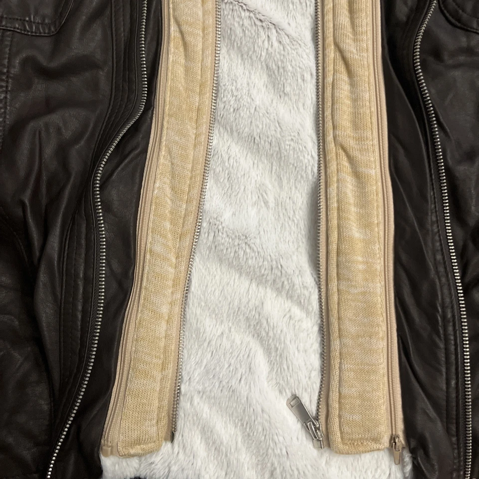 Chaqueta de moto YMI de cuero MARRÓN con capucha extraíble y forro polar suave 2XL NUEVA Foto 4 de 4