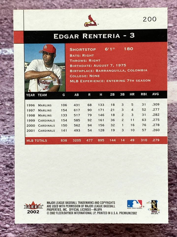 2002 Fleer Premium Edgar Renteria #200 St. Louis Cardinals - Image 2 of 2
