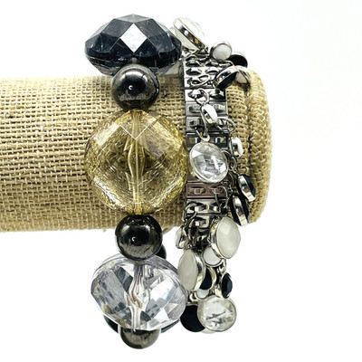 Stretch Bracelets Lot of 2 Chunky Faceted Beads and Silver Tone Charm Expandable