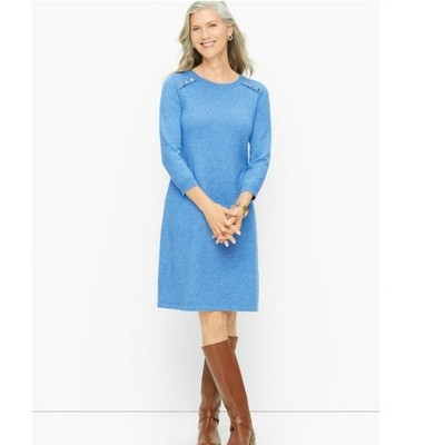 Talbots Light Blue Kitty Tweed Shift Sweater Dress Cotton Blend Size Small EUC