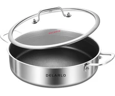 DELARLO Tri-ply Stainless Steel Saute Pan 6 Quarts Deep Frying Pan, 12 Inch