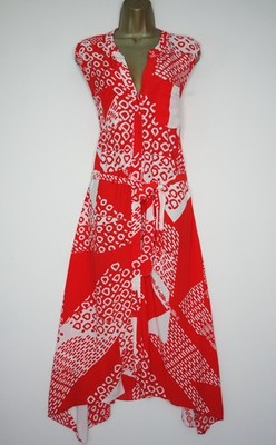 PRINCIPLES ROT WEISS DRUCK KNOPFLEISTE MIDI TEE SONNENKLEID GRÖSSE 16 TAILLE BINDEN