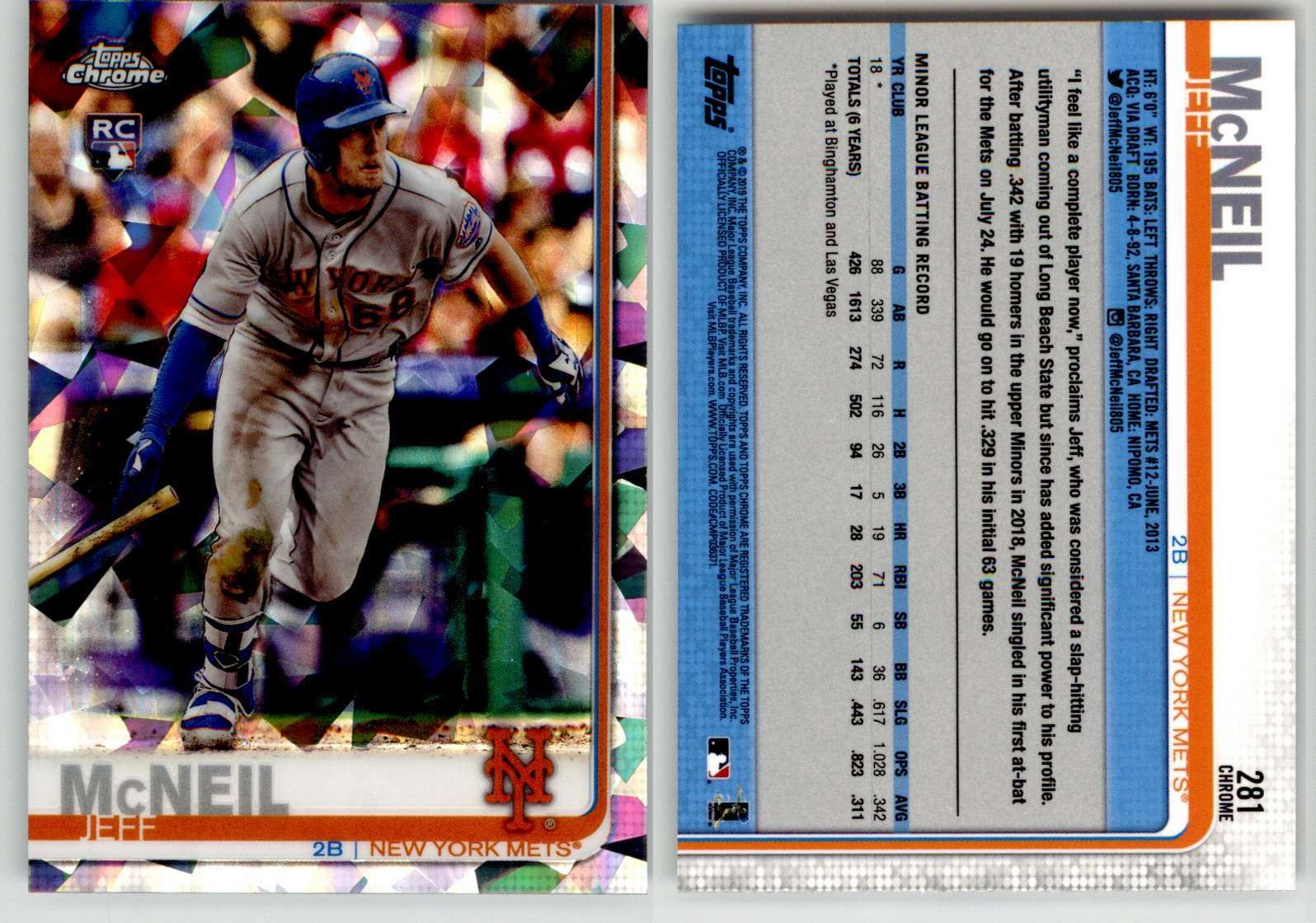 Jeff McNeil 2019 Topps Chrome Sapphire #281 Mets RC Rookie