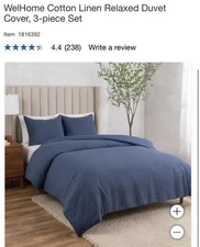 New Welhome Welspun 3pc Duvet Cover Set King Linen Cotton Blend Navy