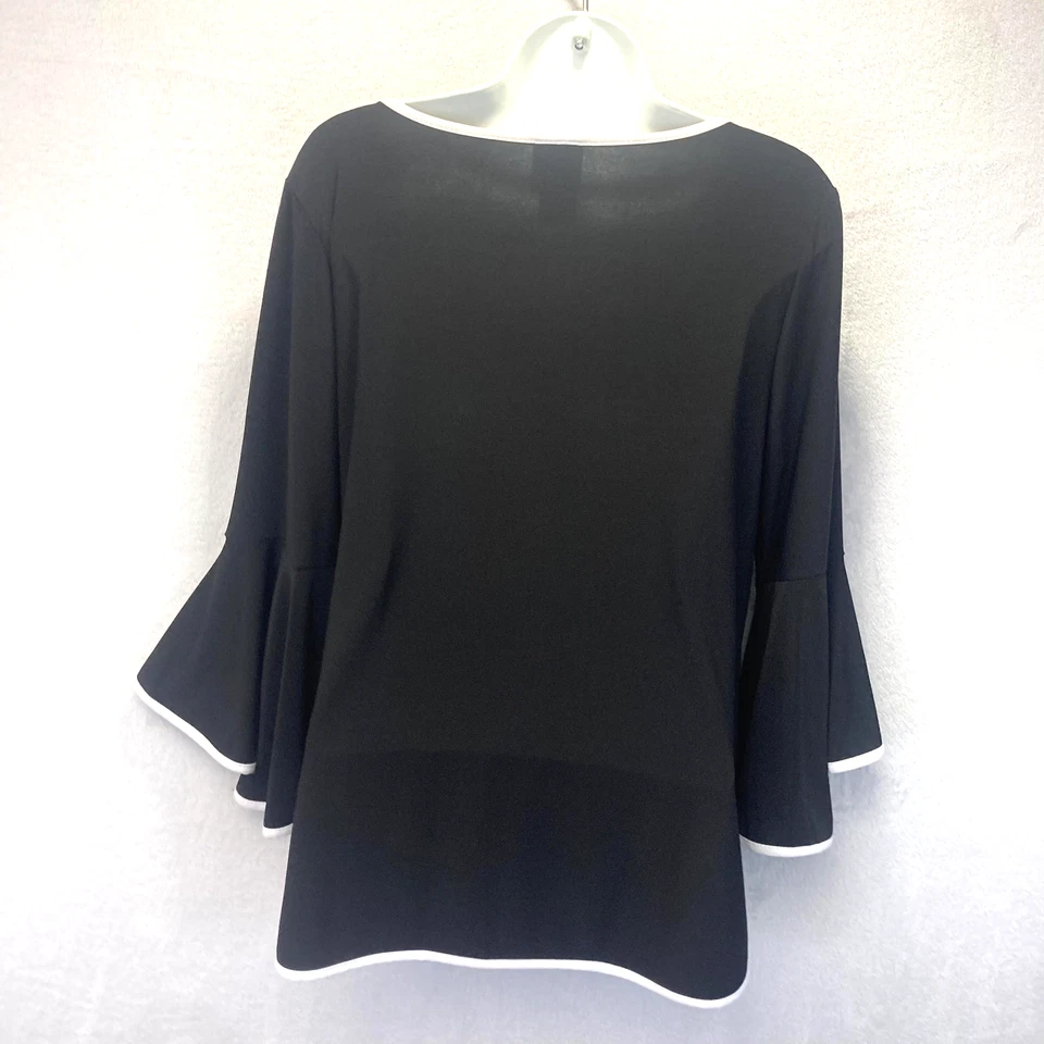 Coco Bianco Ruffle Bell Sleeve Shirt Womens PL Petite Large Black White Made USA - Image 3 of 4