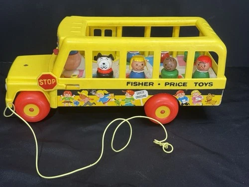 Vintage 1960s Fisher Price Toys School Bus with Little People & Dog