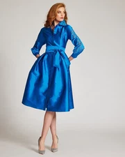 Rickie Freeman for Teri Jon Taffeta Eyelet Collar,Sleeve Shirt Dress Blue Sz 8 $