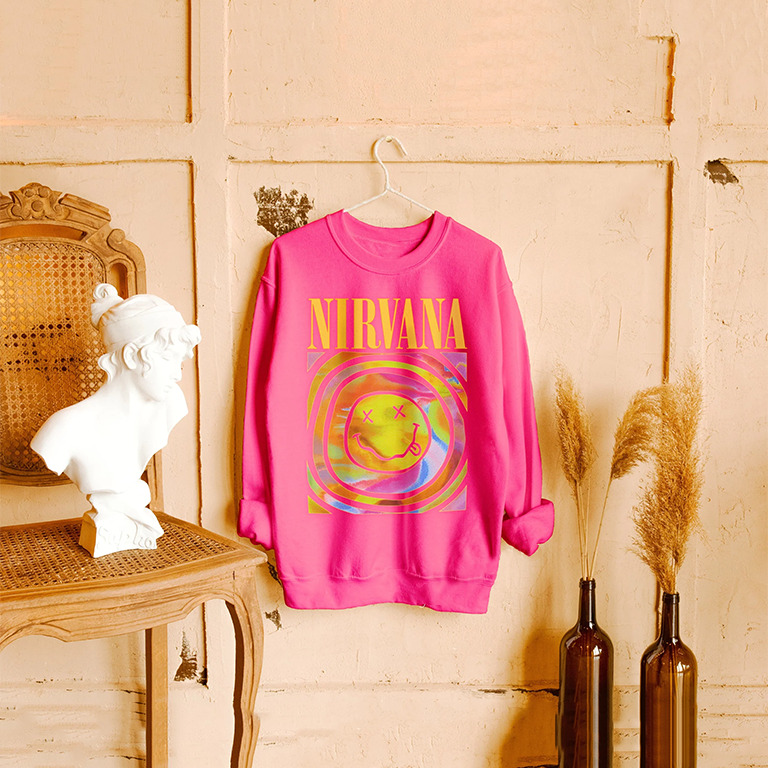 Nirvana Smiley Face Crewneck Sweatshirt Heliconia Color Nirvana