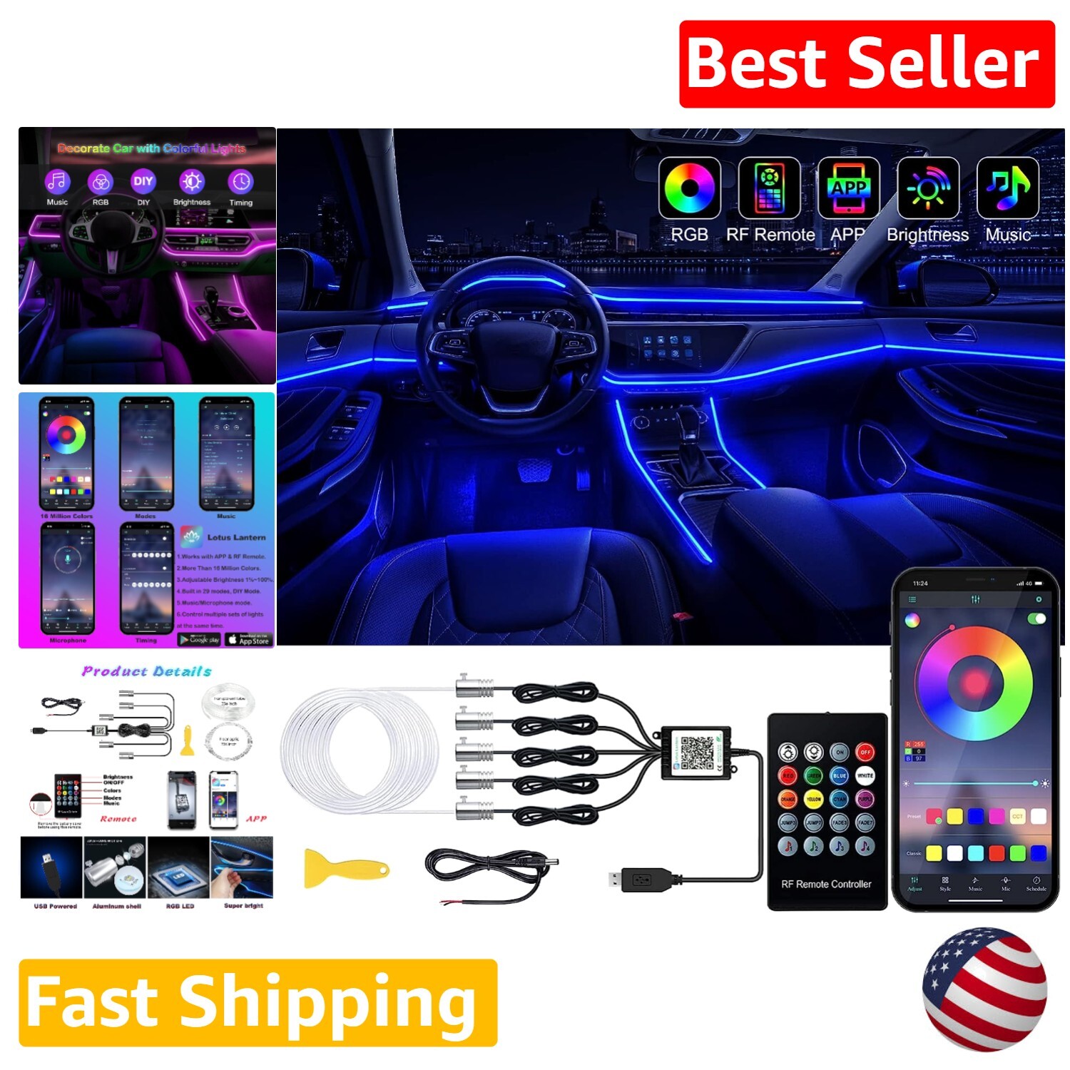 Wireless Car LED Strip Lights - RGB Ambient Lighting Kits with 236