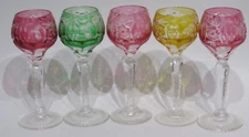 AJKA 5 Cut to Clear 24% Lead Crystal Cordial Amber/Cranberry/Emerald 5" ~Hungary