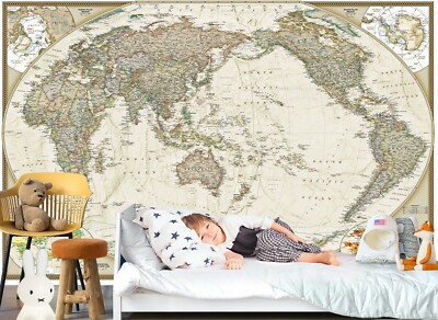 Vintage World Map Detailed Center Australia Printed Wall Murals Fabric Wallpaper