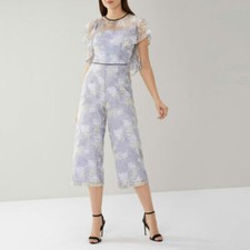 New Coast Enid Floral Lace Embroidered Blue Cropped Jumpsuit Sz UK 14