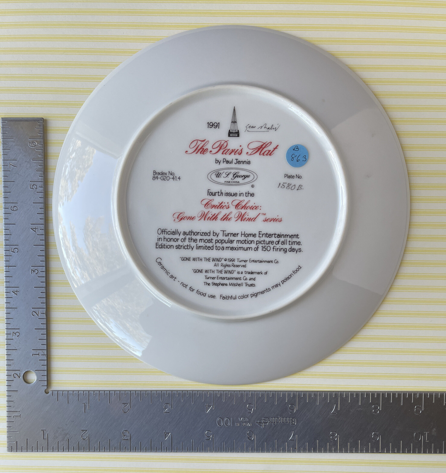 1991 SIGNED Paul Jennis “The Paris Hat” Gone w/ Wind W.J. George Plate (NO COA)