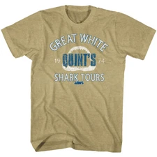 JAWS The Movie T-Shirt 1974 Quints Shark Tours Amity Island Mens Khaki Heather