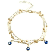 Gold Evil Eye ICU Charm Tiered Layered Anklet Beaded Adjustable Ankle Bracelet