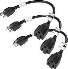 FIRMERST 1/3 Ft Extension Cord 14 AWG 1875W 15A 3 Prong Black/White, 3 Packs