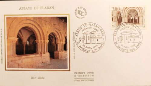 Enveloppe 1er jour sur Soie. ABBAYE DE FLARAN, VALENCE SUR BAISE 1990 FDC - Afbeelding 1 van 1