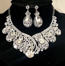 USA Seller Women Crystal Choker Necklace Earring Jewelry Set Bridal Wedding