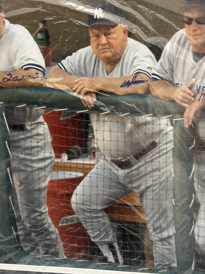 NY Yankees Joe Torre, Don Zimmer, and Mel Stottlemyre Signed 16x20 Dugout Photo - Image 4 of 4