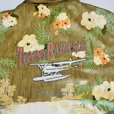 Tommy Bahama 100% Silk Shirt Paradise Hopper Plane Graphic Men’s L Brown Floral