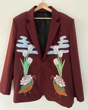 Men's Mehroon 2-Piece Suit Floral Embroidered Western Wedding Prom Slim