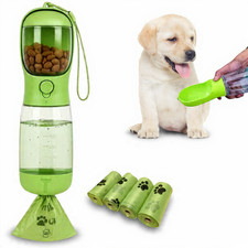 3in1 Dog Water Bottle 60 Bags Portable Travel 13.5oz Food BPA Free Green