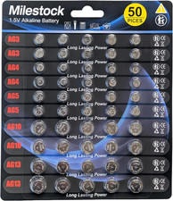 50-Pcs 1.5V Super Alkaline Button Cell Battery Assortment AG3 LR41, AG4 LR626, A