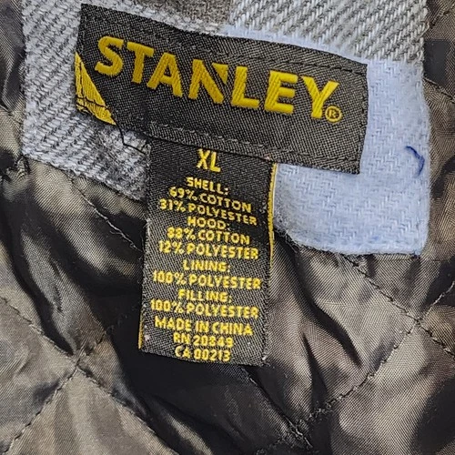 Stanley Men's XL Blue Grey Plaid Flannel Hooded Quilted Work Shirt Jacket Coat image 2