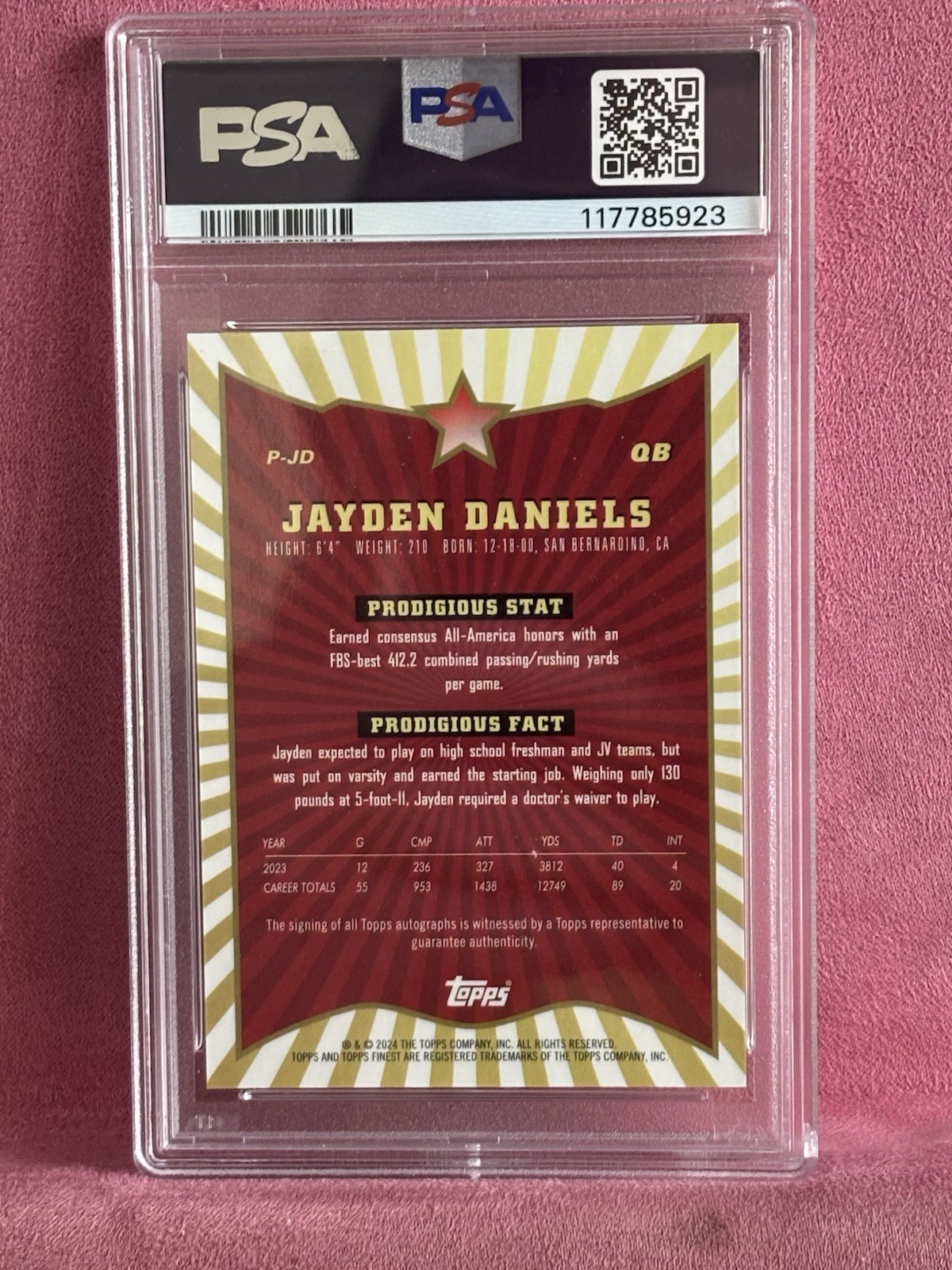 2024 Topps Finest - Prodigies Autographs Jayden Daniels #P-JD 14/50 Gold PSA 9 view 2