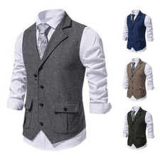 Men's Herringbone Tweed Suit Vest Vintage Wool Blend Notch Lapel Waistcoat Vest