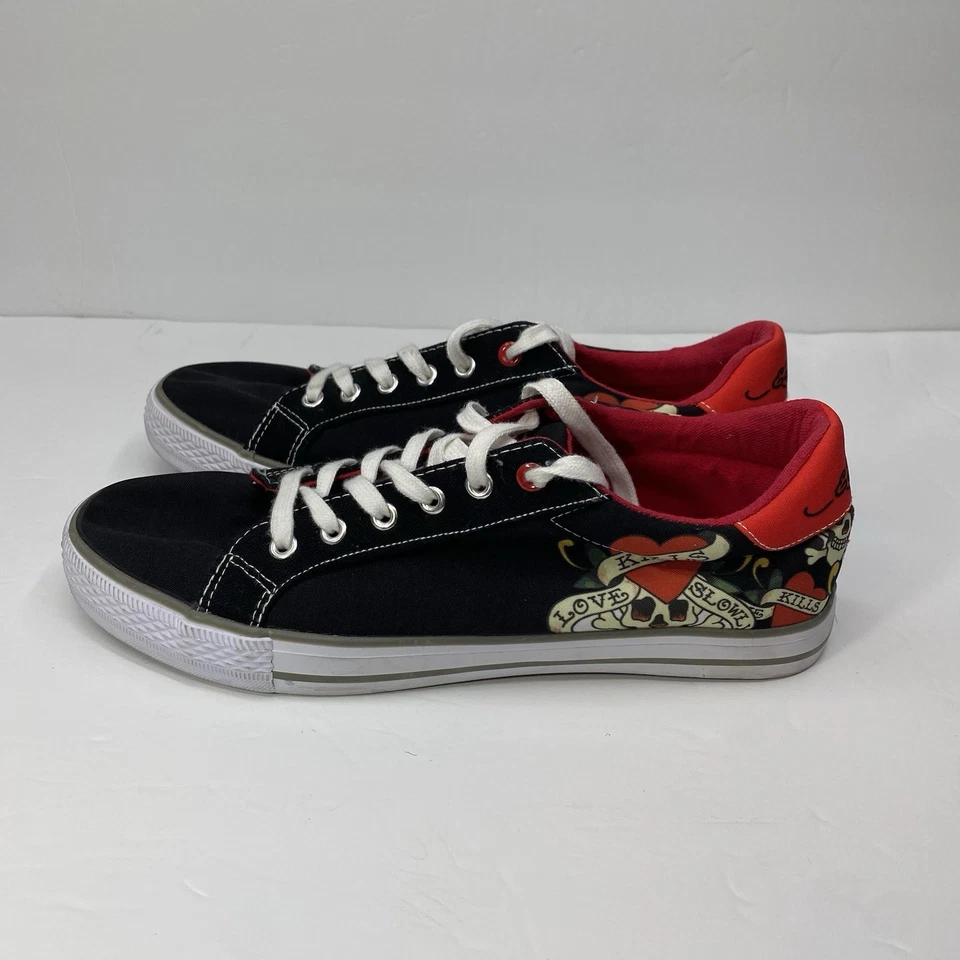 Ed Hardy 鞋 男式 9 黑色帆布低帮 Love Kills 慢慢心形头骨 — 第 2/4 张图片