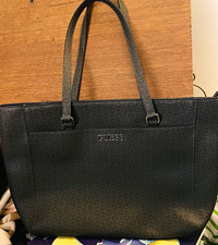 GUESS Black Monogram Tote Bag Double Handles Gold Hardware Beige Lined NWOT