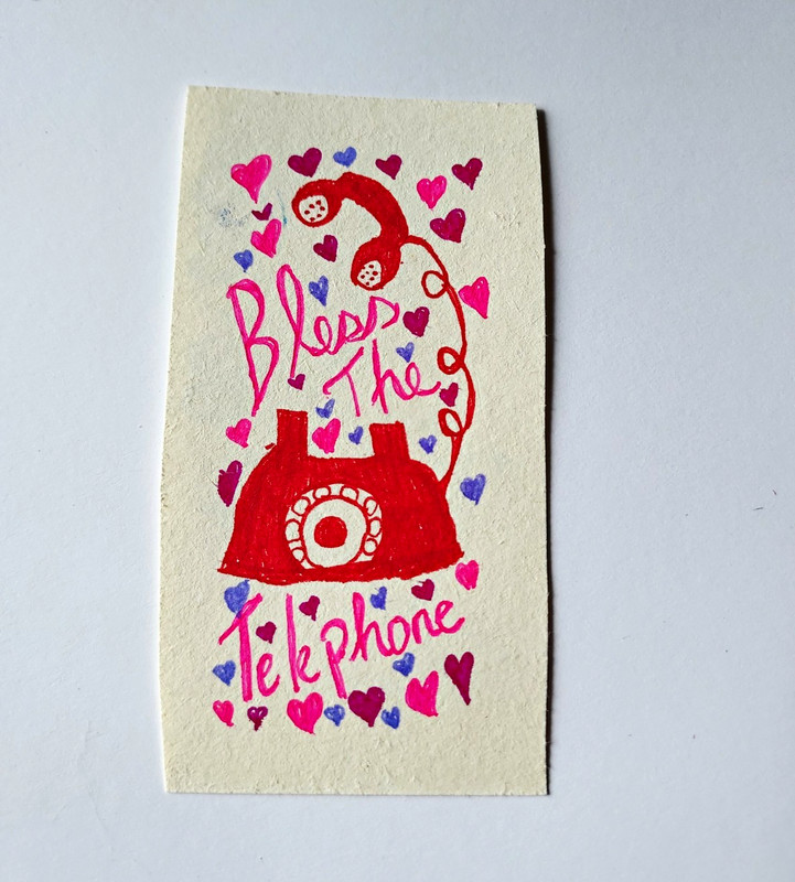 ACEO original  Valentine’s Day “Bless the Telephone” Red Telephone Hearts