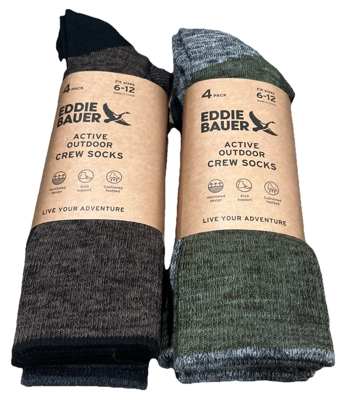 EDDIE BAUER Active Outdoor Crew Socks 8 Pair Fits 6-12 Cushioned Arch Support