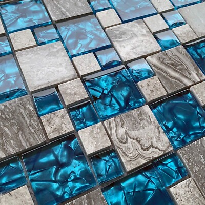 Gray and Teal Backsplash Tile Polished Stone & Glass Mosaic Floor & Wall Tiles