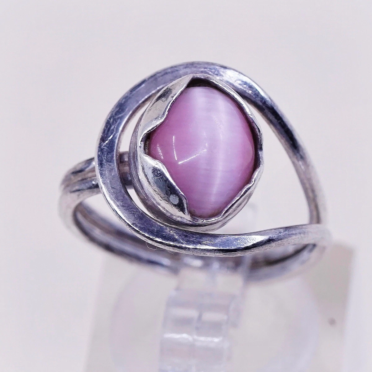 Sz 5.25 Vintage Handmade Sterling Silver Ring W Pink Tiger Eye Stamped 925